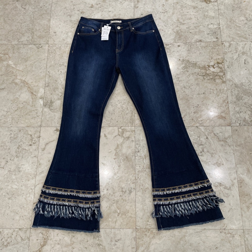 LUXE MODA Dark Blue Denim Bellbottom Embellished Jeans Style 20897 Size 12